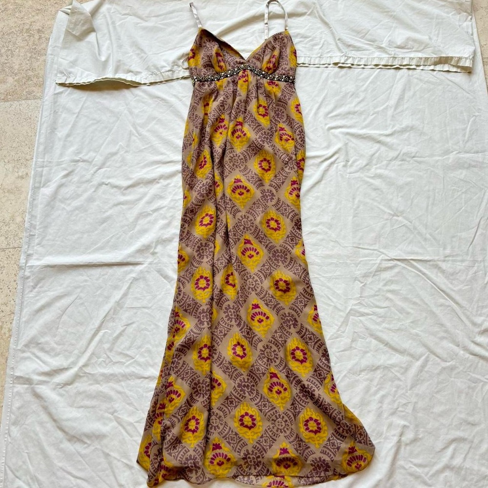 Charlotte Russe yellow purple silver paisley floral vintage beaded maxi dress